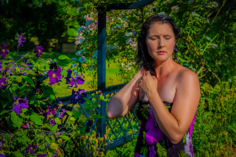 Model portfolio builder session in Devon featuring a floral dress look photographed outdoors