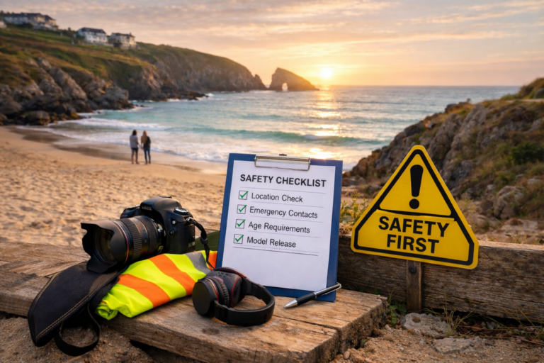 Camera and safety checklist on a Devon and Cornwall beach, showing photoshoot safety guidance