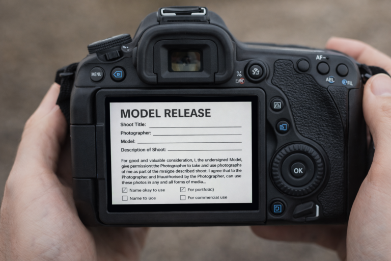 Close-up of a camera screen showing a model release form during a photoshoot planning check